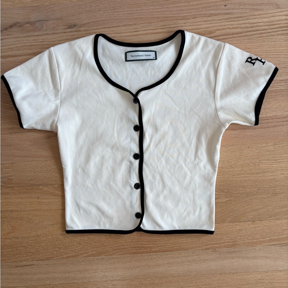 Recreational Habits White Short Sleeve Button Cardigan with Black Trim